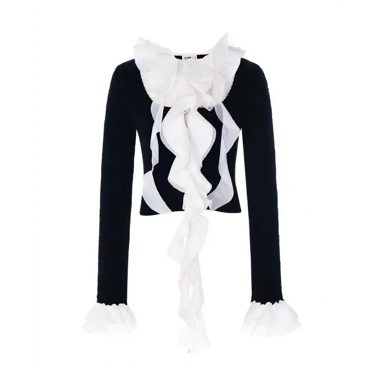 LeFame/拉飞姆2025秋季新款欧根纱荷叶领飘带上衣FF25Q51ZB200