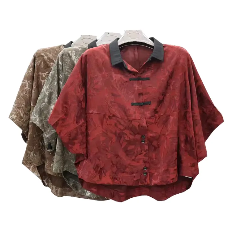 气质宽松印花衬衫女短款复古盘扣蝙蝠袖休闲妈妈装夏季上衣外套