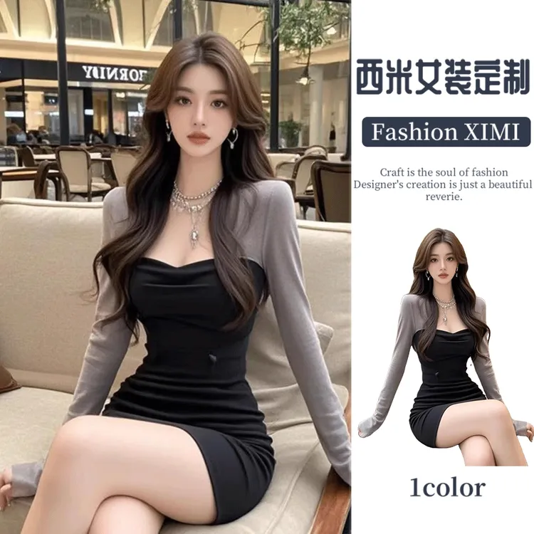 秋冬新款设计感方领撞色长袖连衣裙莫代尔材质收腰显瘦包臀短裙通