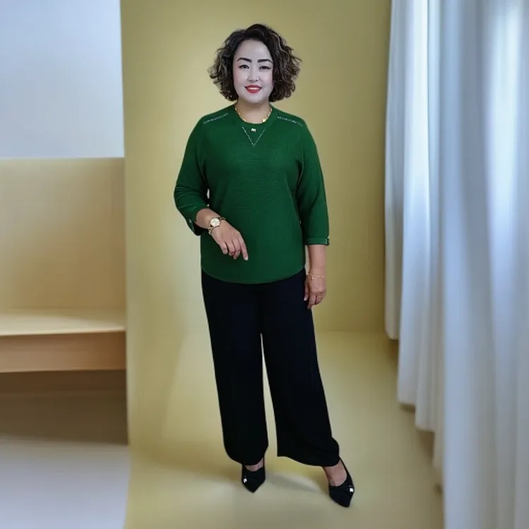 通勤圆领纯色春季常规款宽松型七分袖薄款毛针织衫