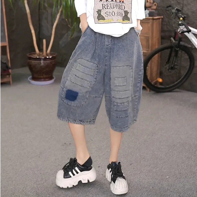 LL夏季新款复古个性砂洗做旧炒色贴布牛仔七分裤宽松大码直筒裤女