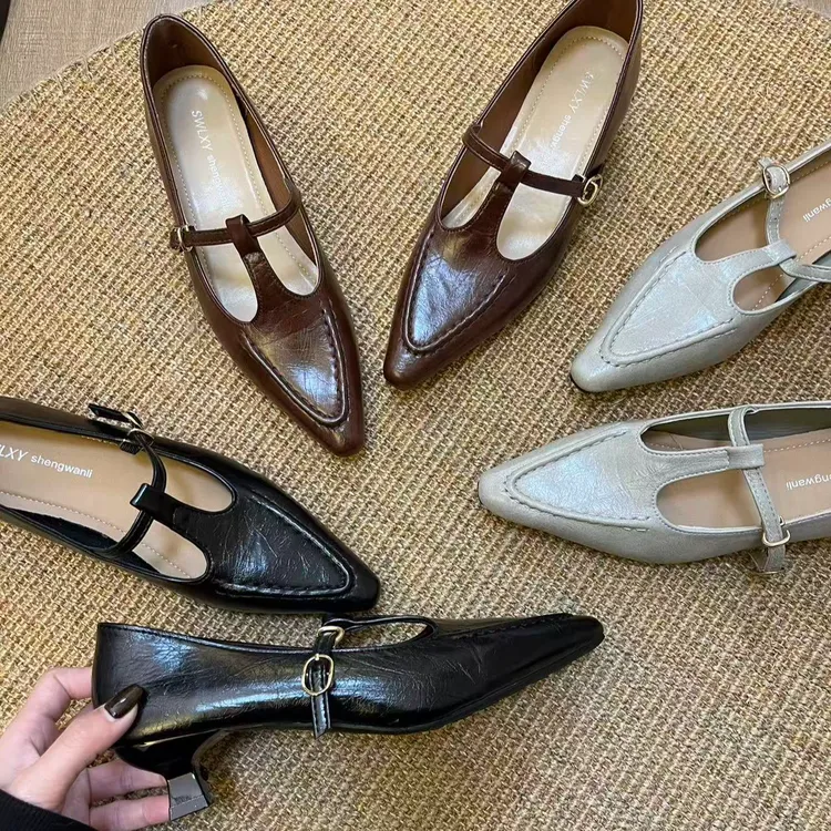 法式尖头镂空细跟玛丽珍单鞋女款2025新款爆款丁字扣带浅口女鞋子