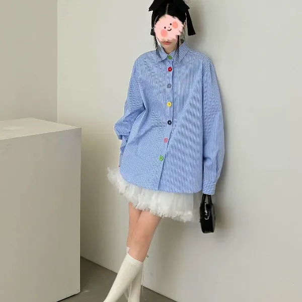 【无运费险】春季新款大码女装设计感彩纽条纹衬衫蕾丝花边裙子