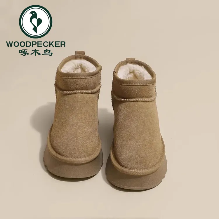 啄木鸟厚底雪地靴女2025新款冬季皮毛一体短筒雪地棉加绒加厚棉鞋
