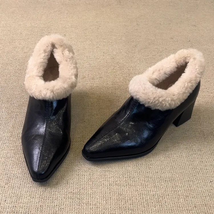 RubyL/5cm法式气质手抓纹百搭舒适一脚蹬尖头粗跟毛毛及踝靴女款