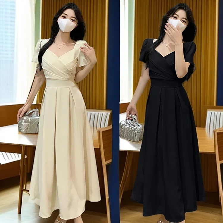 夏季高腰褶皱方领连衣裙韩版气质显瘦长裙洋气女装春游小众高级感