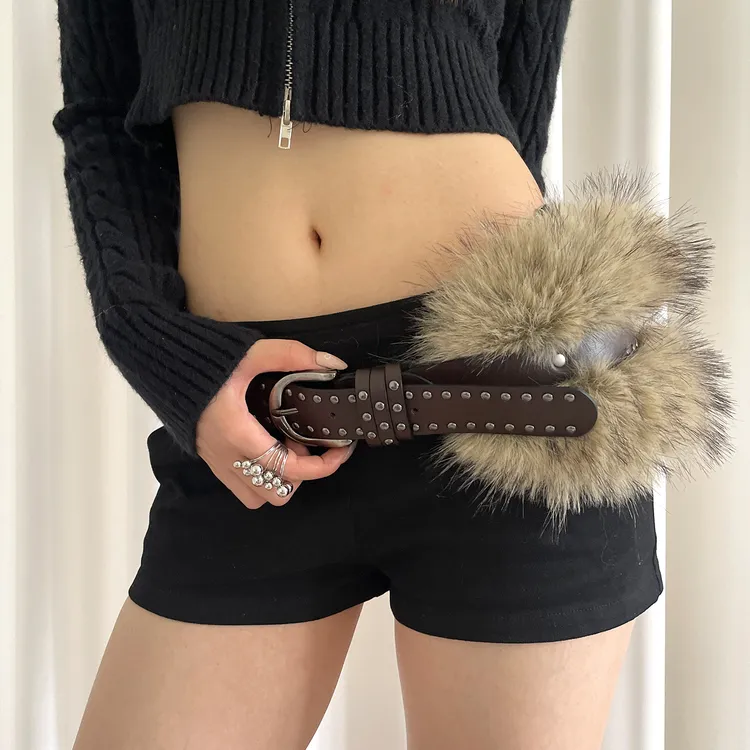 美拉德复古毛绒软糯腰带女y2k古着感铆钉皮带配牛仔裤收腰配饰潮~