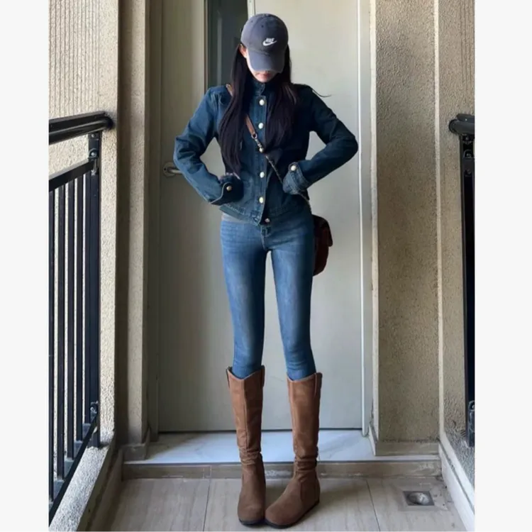 3331冬季新款韩系百搭小众加绒保暖牛仔两粒扣小脚裤