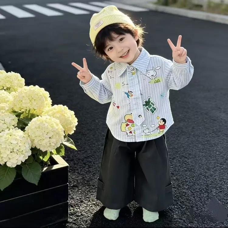 【Fufu】男童2026秋新款蓝色衬衫中小童卡通蜡笔小新百搭休闲衬衫潮