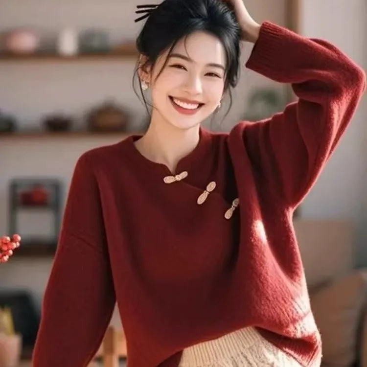5011大码女装法式新年红百搭套头毛衣针织衫国风氛围感红色上衣