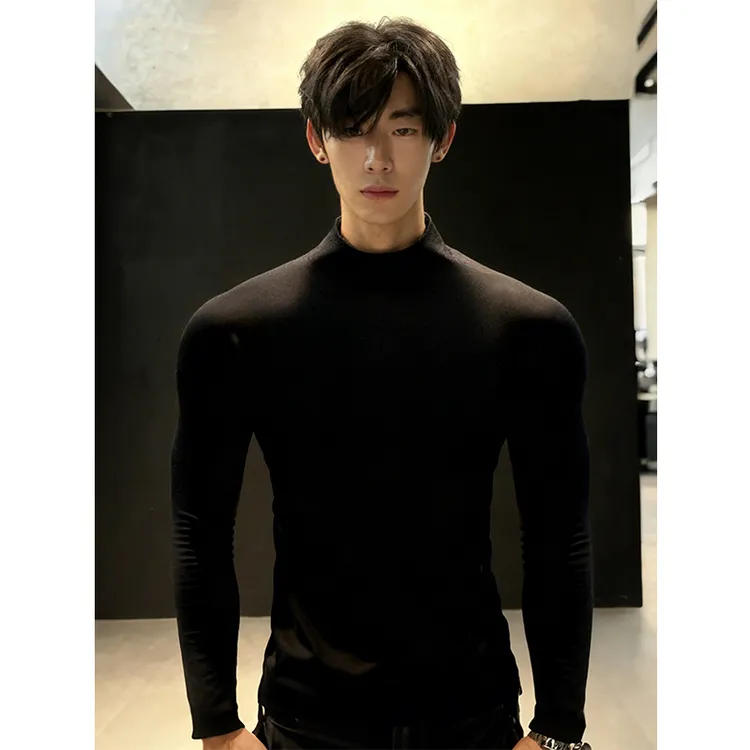 黑色修身长袖t恤男款秋季半高领德绒打底衫健身运动美式内搭上衣