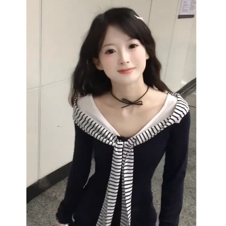 韩系设计感海军领条纹长袖t恤女秋季收腰显瘦内搭撞色假两件上衣