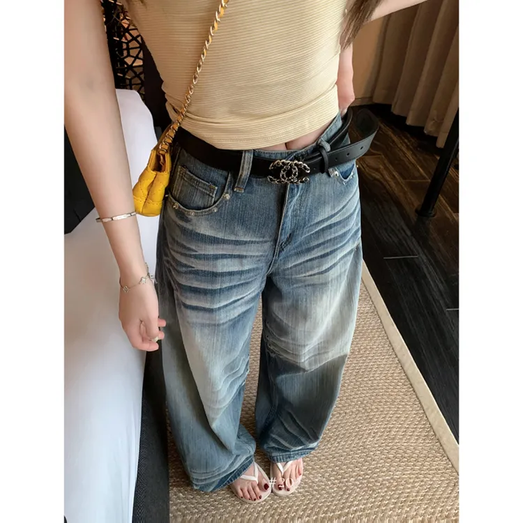 美式做旧水洗宽松猫须直筒裤女2025秋季新款低腰遮胯阔腿牛仔裤子