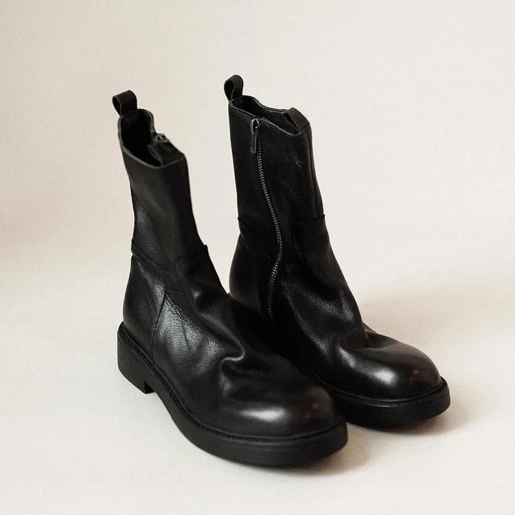 牛皮版！马丁靴女2025新款极简风百搭黑色圆头侧拉链百搭粗跟短靴