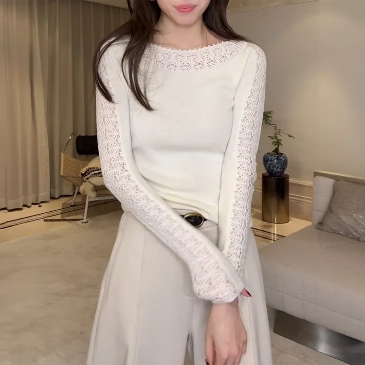 白色镂空蕾丝钩花长袖针织衫女2025秋冬新款修身显瘦打底内搭上衣