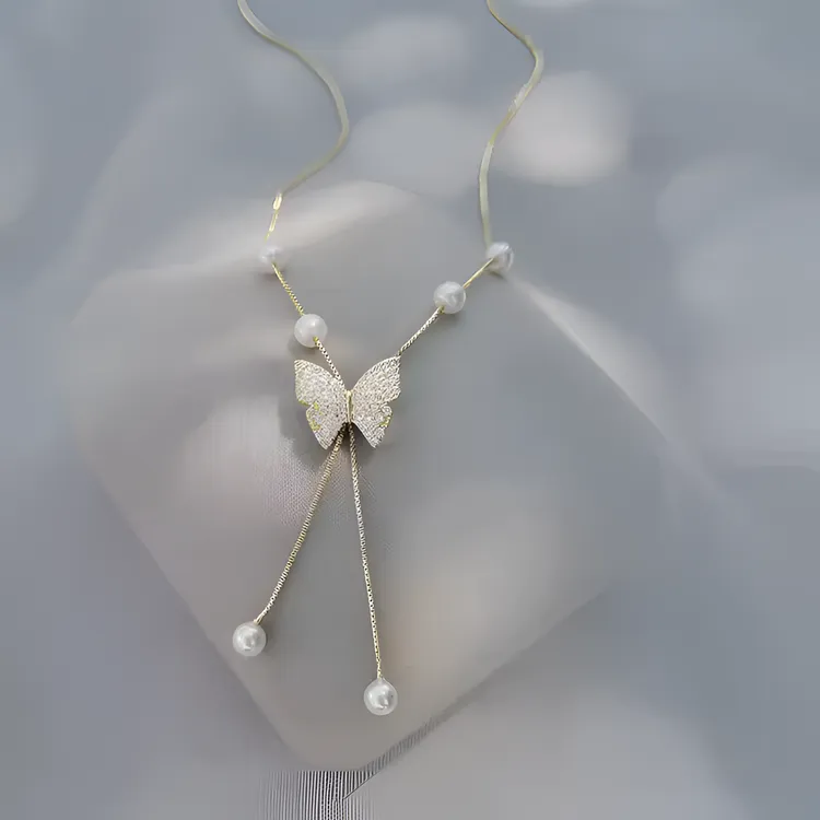 铜合金项链  仙气仿珍珠流苏蝴蝶项链女高级设计感小众轻奢锁骨链