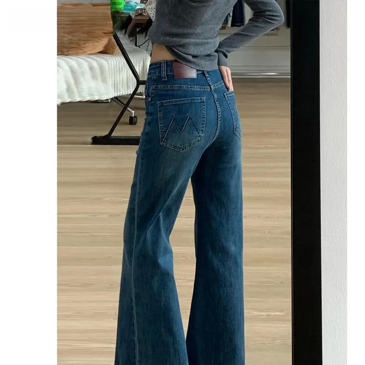 深蓝色加绒微喇牛仔裤女2025秋冬新款弹力修身港风设计感喇叭裤子