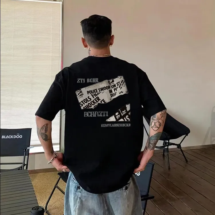  美式黑色重磅纯棉短袖T恤潮流时尚款式百搭圆领前后印花男士上衣