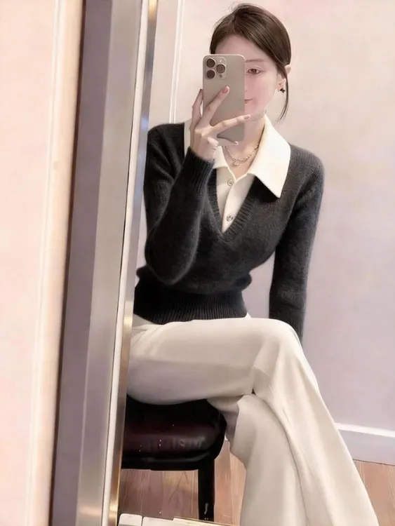 轻熟风韩系翻领针织衫女秋冬新款假两件软糯内搭气质显瘦套头毛衣