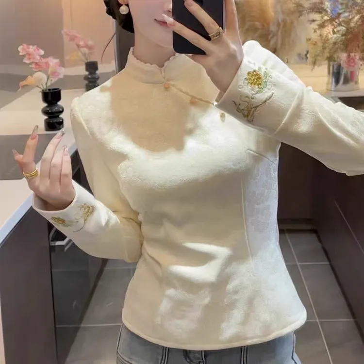 2025秋冬新款新中式刺绣提花加绒加厚上衣女显瘦百搭长袖保暖