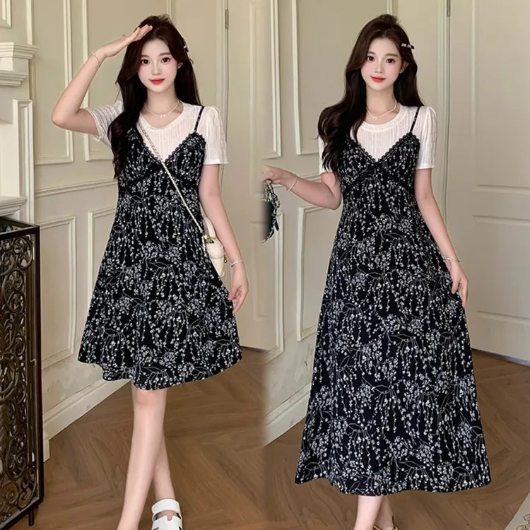 HH039专享大码夏季胖mm时尚裙子气质显瘦碎花裙时尚长短款连衣裙