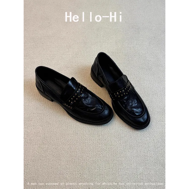 羊皮版~复古英伦风圆头铆钉褶皱一脚蹬粗跟黑色小皮鞋乐福鞋女鞋