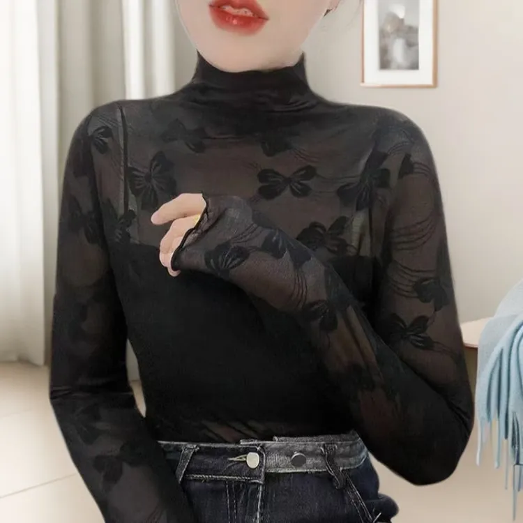 杏色半高领木耳边网纱打底衫女爆款2024新款秋冬长袖提花薄款上衣