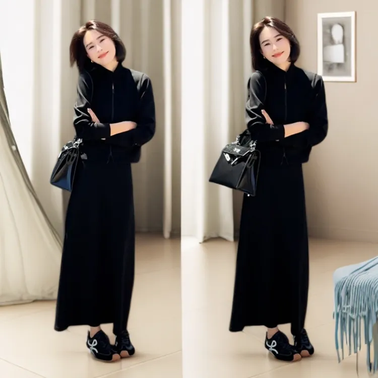 韩系简约休闲风卫衣套装女2025秋季新款拉链立领上衣半身裙两件套