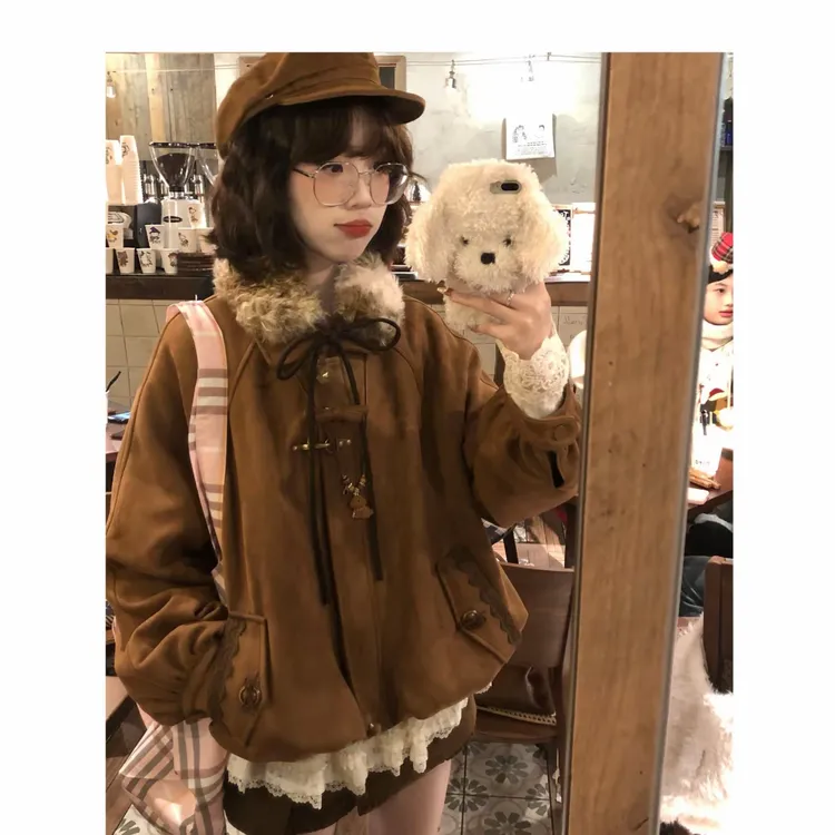 “日杂感叠穿”毛毛领vintage感花夹棉苞外套秋日ootd