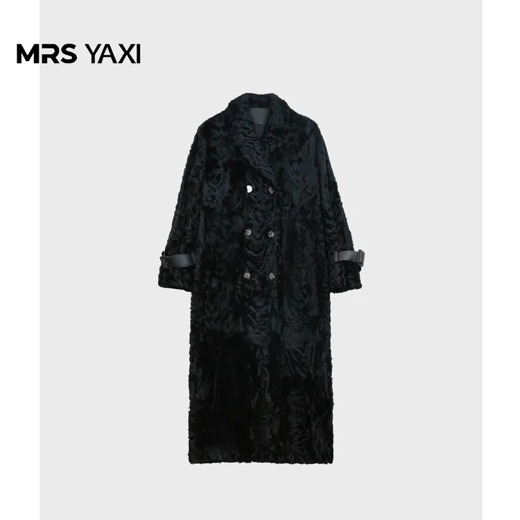 Mrsyaxi高级感轻奢翻领胎羊毛皮草外套女中长款气质大衣YX4101110