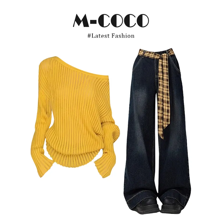 MARIE.COCO秋日氛围感多巴胺黄色斜肩针织衫直筒牛仔裤时尚套装