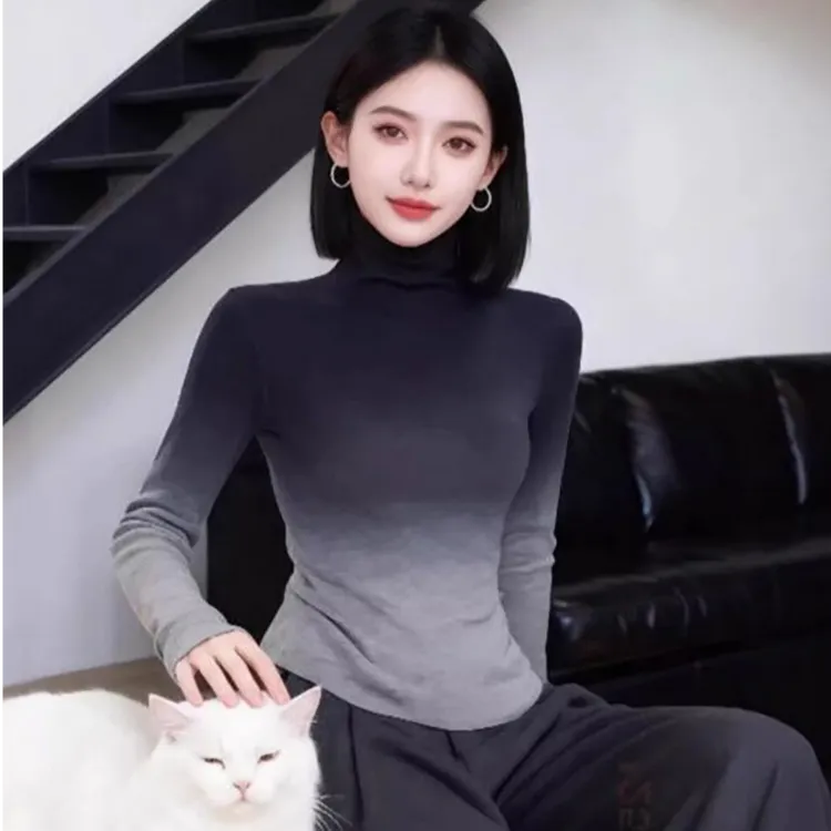 韩版复古渐变色高领长袖女德绒秋冬轻熟修身显瘦内搭打底衫上衣