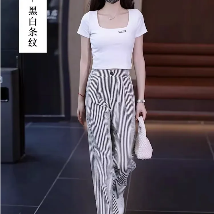 条纹冰丝阔腿裤女2025新款夏季薄款高腰宽松显瘦窄版休闲直筒裤子
