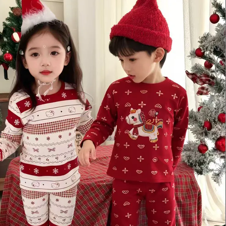 【THE ONE】纯棉300克2026新年款儿童家居服套装红色秋衣秋裤