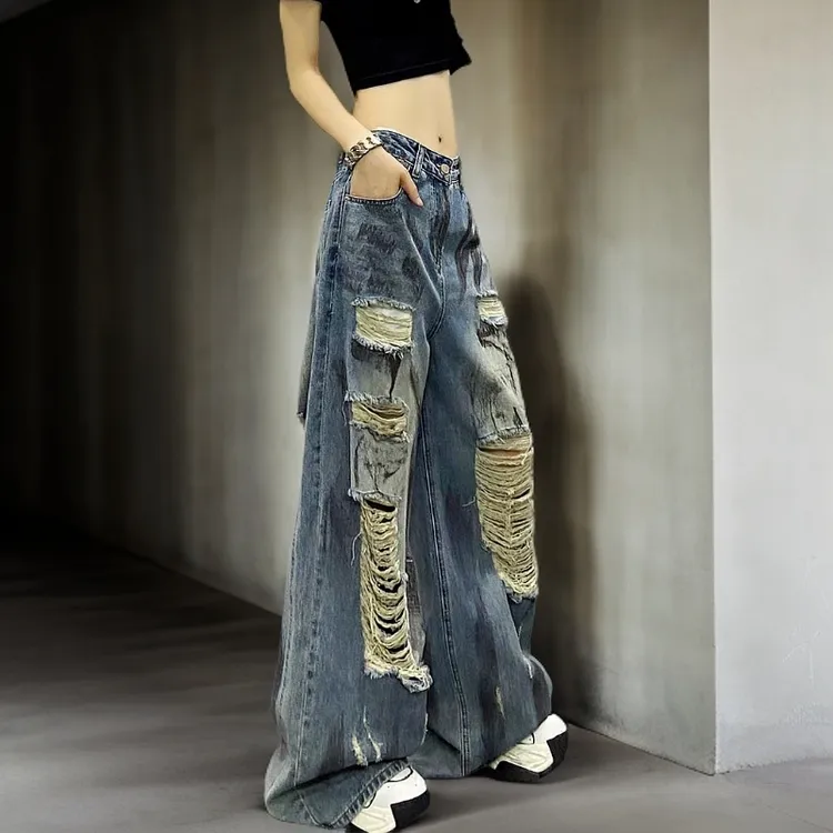 QBear Studio美式破洞拖地牛仔裤女夏季新款辣妹高街设计感复古