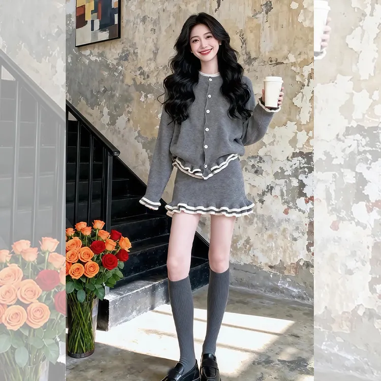 韩系一整套深冬穿搭小个子巨好看的灰色毛衣外套半身裙子两件套装