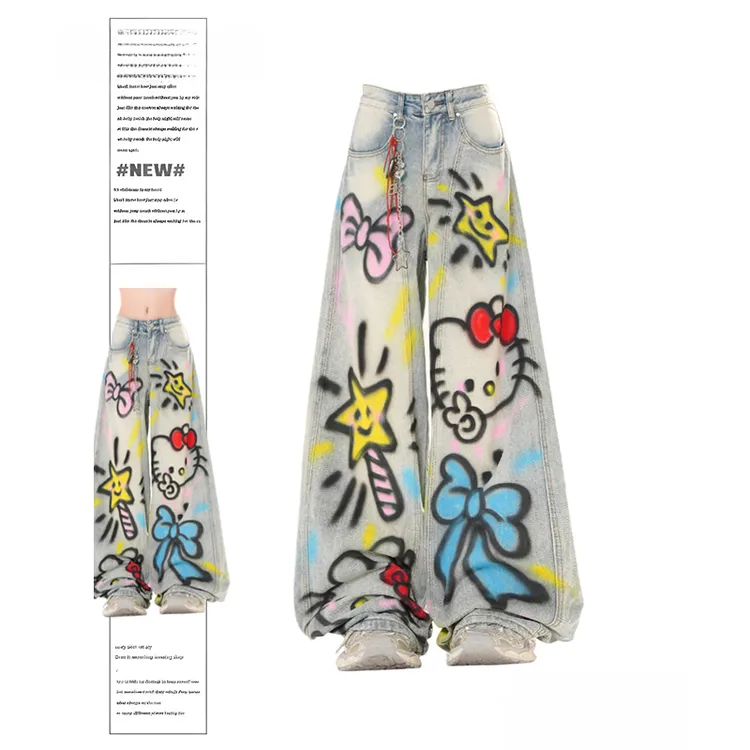 美式复古弯刀牛仔裤男女2025秋季新款街头涂鸦印花显瘦阔腿长裤子