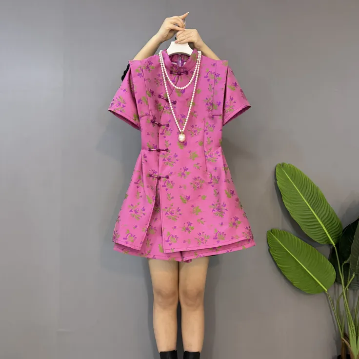 新款大码女装时尚洋气复古遮肉开叉上衣十短裤两件套套装