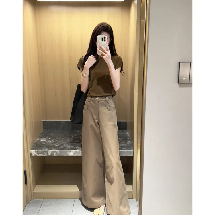 180高个子175加长美式卡其色休闲裤女小众宽松高腰显瘦阔腿拖地裤