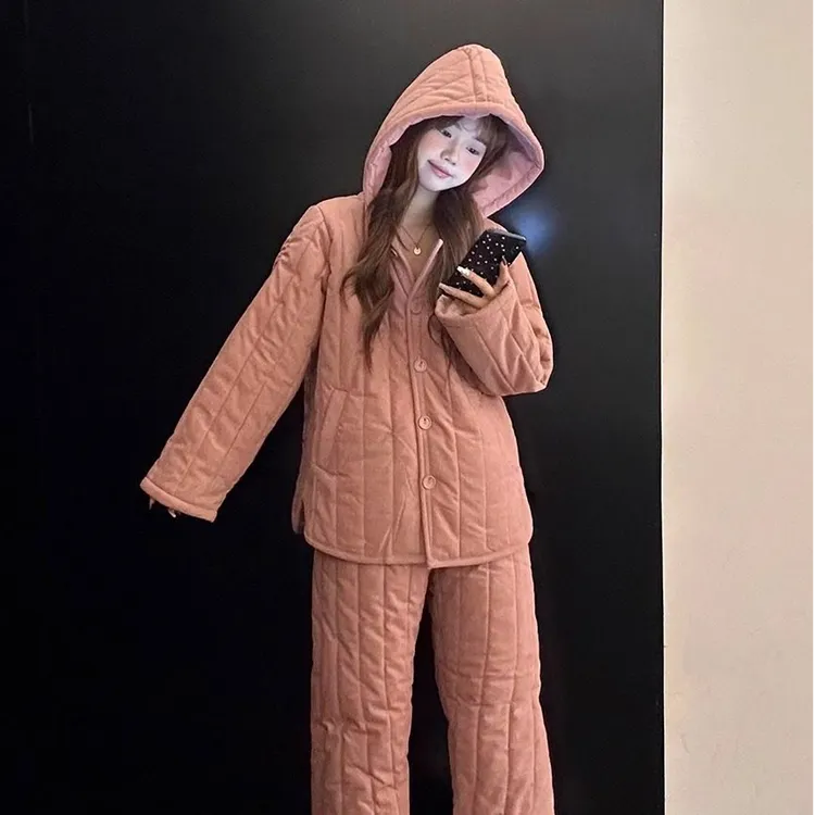 【DMXJ大梦想家】高级感休闲连帽夹棉睡衣女冬季新款保暖家居服套装