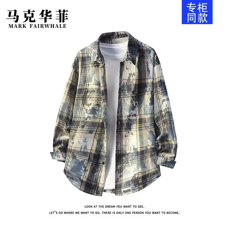 马克华菲格子条纹美式扎染衬衫秋季长袖外套宽松上衣休闲百搭日系