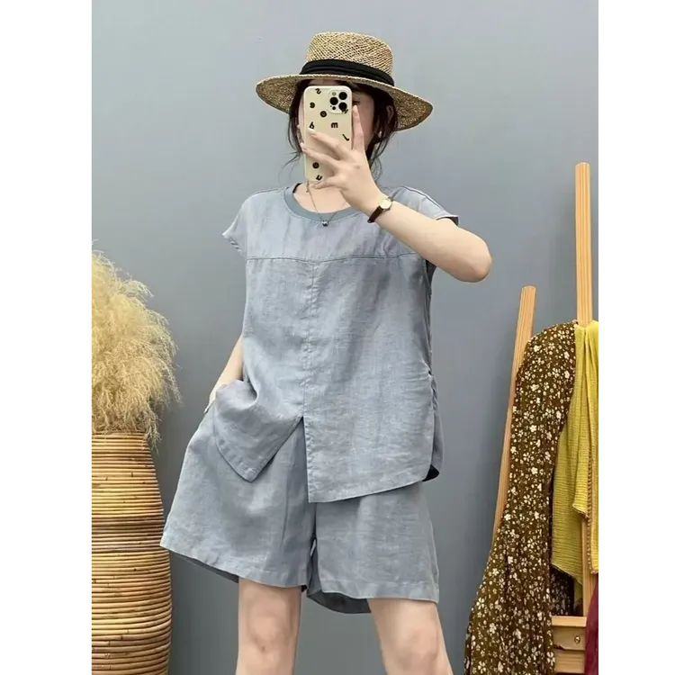 夏季2025年纯亚麻宽松休闲风森系气质通勤时尚慵懒套装洋气两件套
