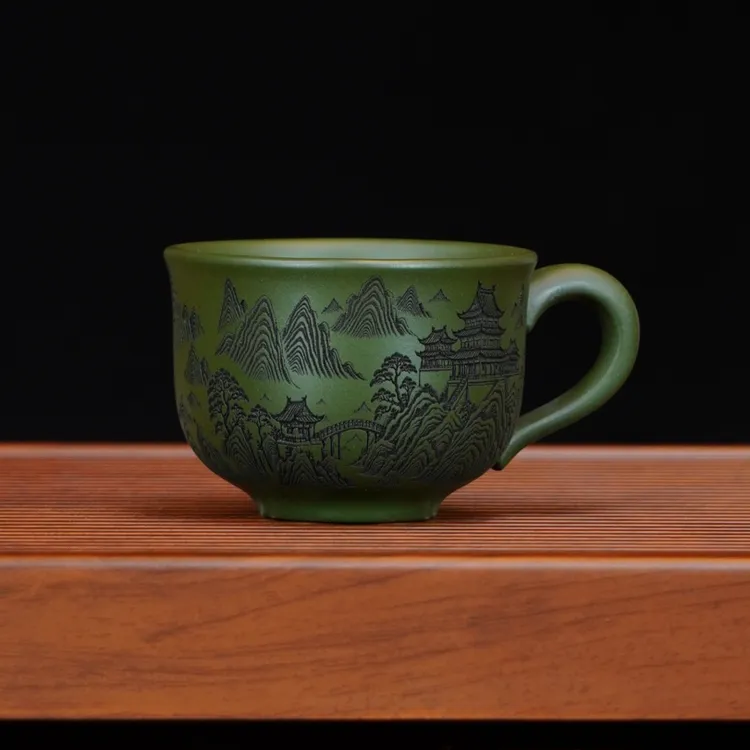 宜兴全手工原矿茶具正宗绿泥手工刻绘观山精致手把杯紫砂主人杯  