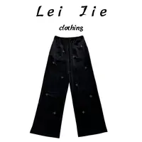 【Lei Jie】松紧腰钉珠丝绒直筒裤765