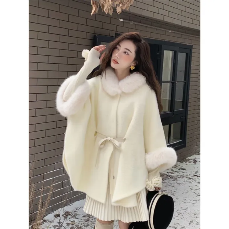 秋冬毛领毛边宽松慵懒环保毛针织斗篷大衣披肩毛呢外套减龄中长款