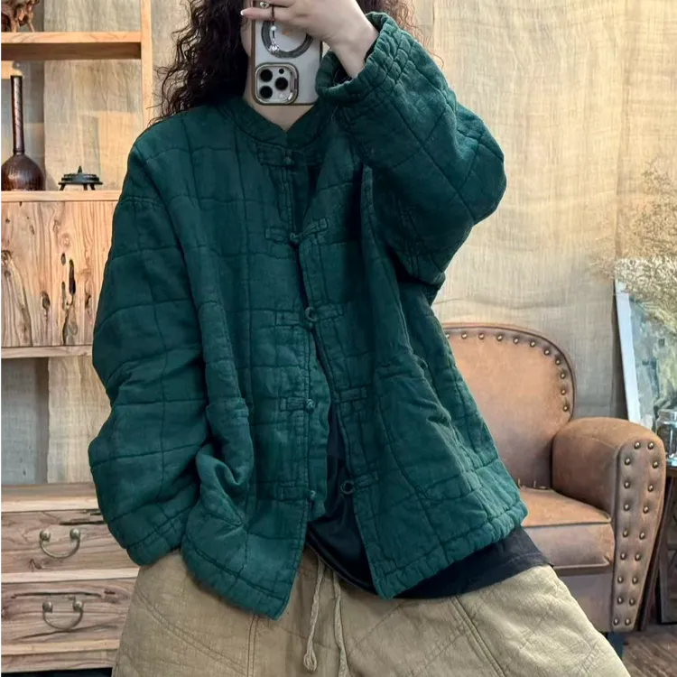 [四月阳光]冬季亚麻夹薄棉炒色做旧绗线格休闲外套(长66胸围122)