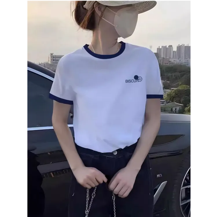 雪花棉蓝领撞色短袖T恤女夏新款百搭休闲小众设计感半袖显瘦上衣