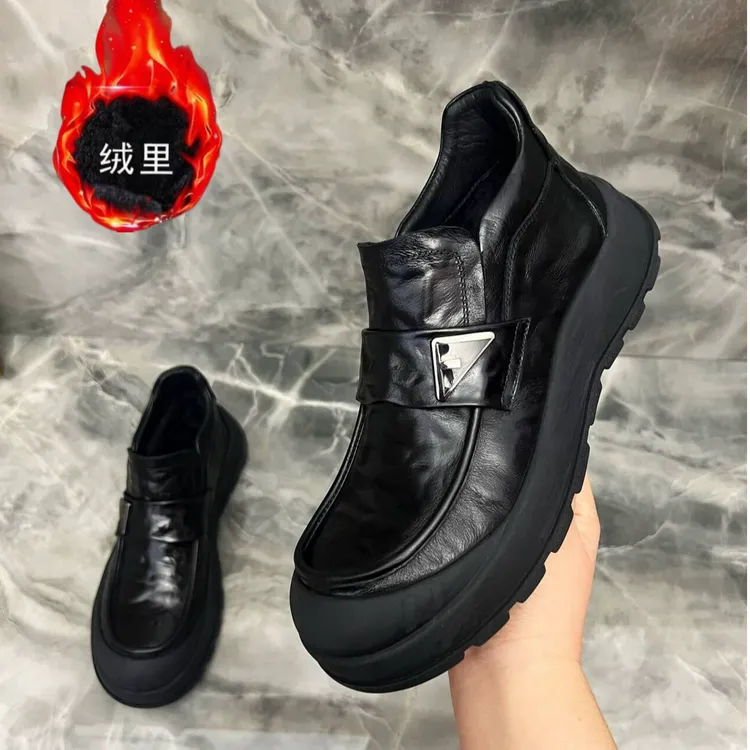 A977-1【头层牛皮】冬季加绒保暖男鞋耐磨舒适百搭一脚蹬休闲皮鞋