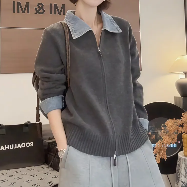 【蜜爷家】牛仔拼接翻领双拉链毛衣开衫3377#