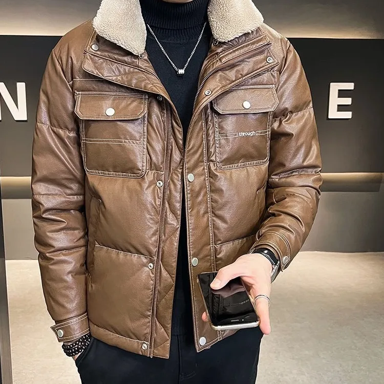 曼库帕娅欧货男士皮羽绒棉服冬季加厚帅气短款潮牌仿羊羔毛领外套